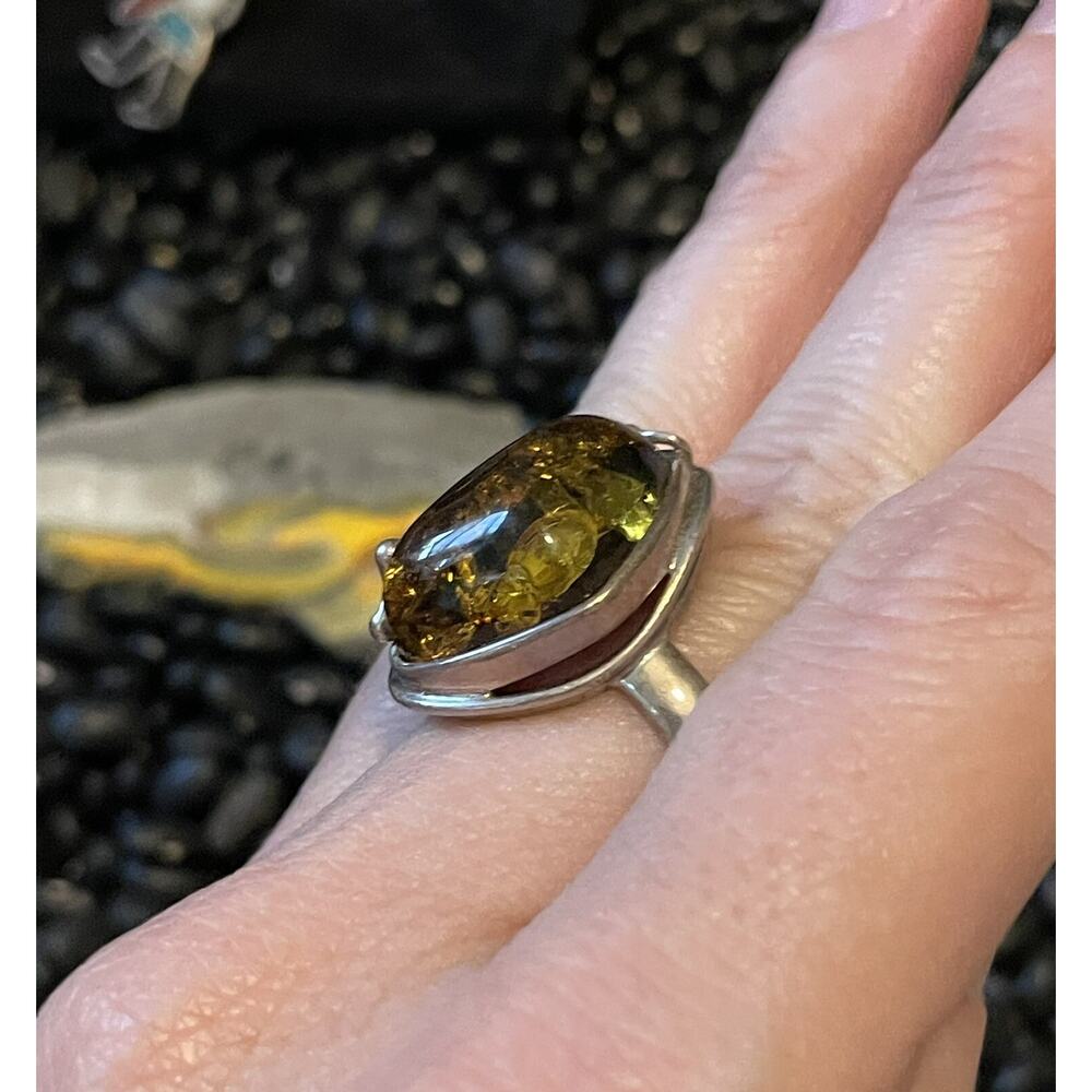 Sterling Silver Baltic Sea Honey Amber Ring~Scroll Accented Size 11 - Picture 3 of 9